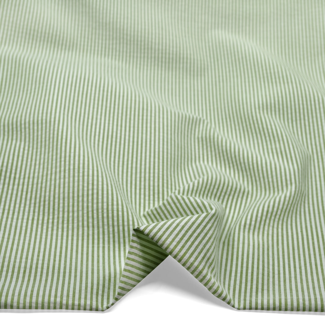 Mini Stripe Cotton Seersucker - Grasshopper/White | Blackbird Fabrics