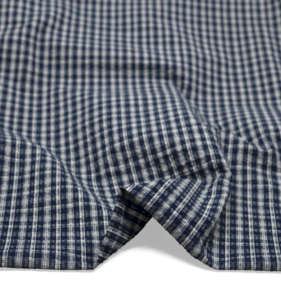 Bungalow Plaid Cotton Poly Seersucker - Navy | Blackbird Fabrics