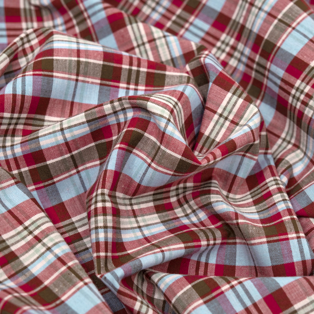 Orchard Plaid Cotton Shirting - White/Raspberry/Ice Blue | Blackbird Fabrics