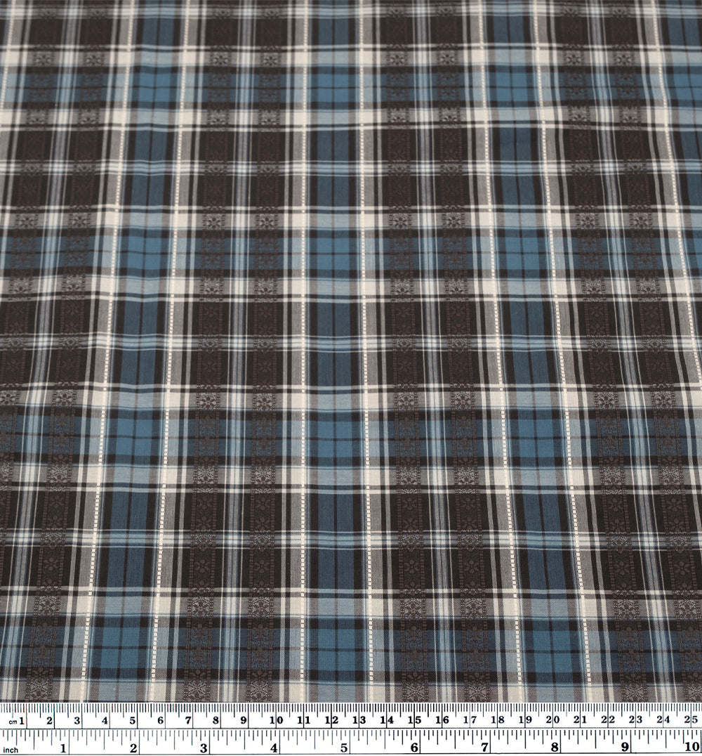 Alpine Plaid Embroidered Cotton Shirting - Fudge/Teal | Blackbird Fabrics