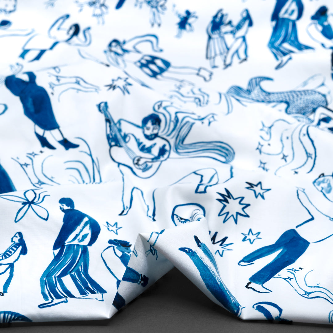 Deadstock Join The Party Stretch Cotton Sateen - White/Ocean | Blackbird Fabrics