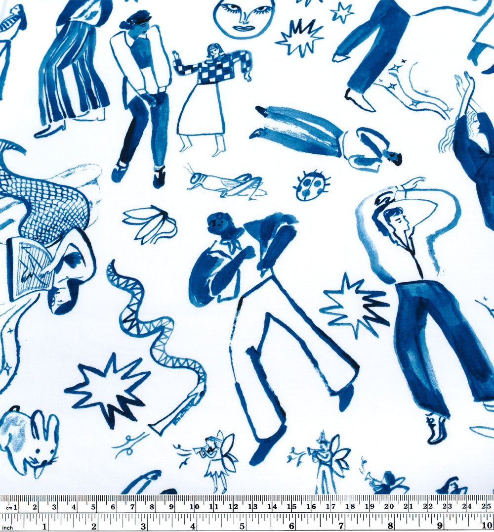 Deadstock Join The Party Stretch Cotton Sateen - White/Ocean | Blackbird Fabrics