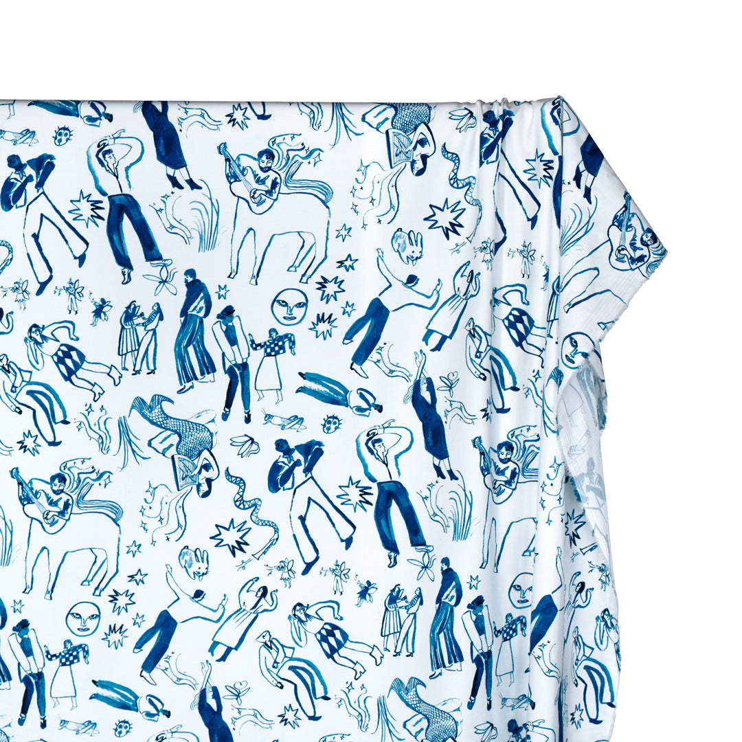 Deadstock Join The Party Stretch Cotton Sateen - White/Ocean | Blackbird Fabrics