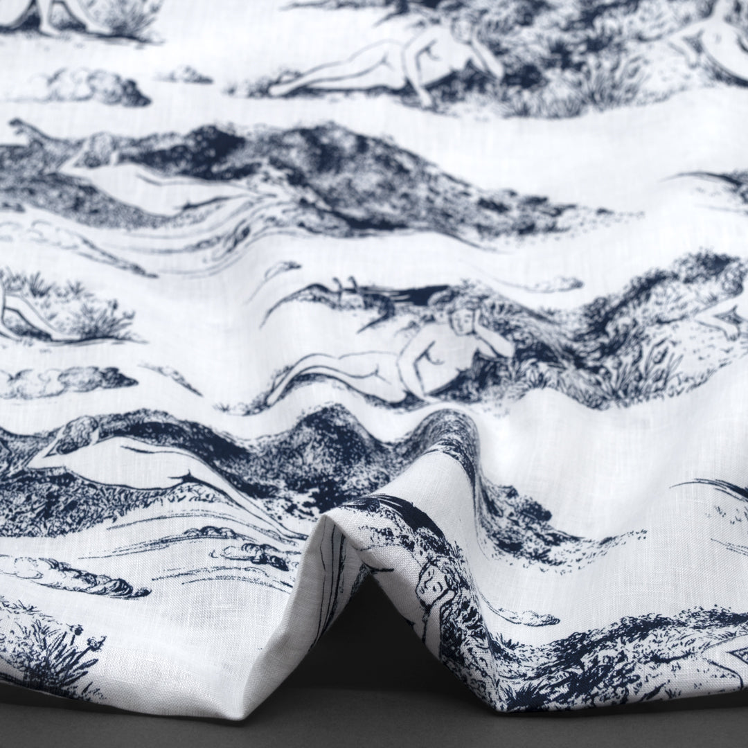 Deadstock Sunbathers Linen - White/Navy | Blackbird Fabrics