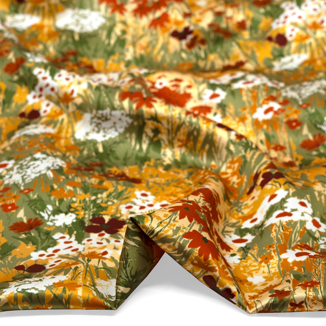 Deadstock Enchanted Meadow Silk Charmeuse - Buttercup/Grass/Red Clay | Blackbird Fabrics