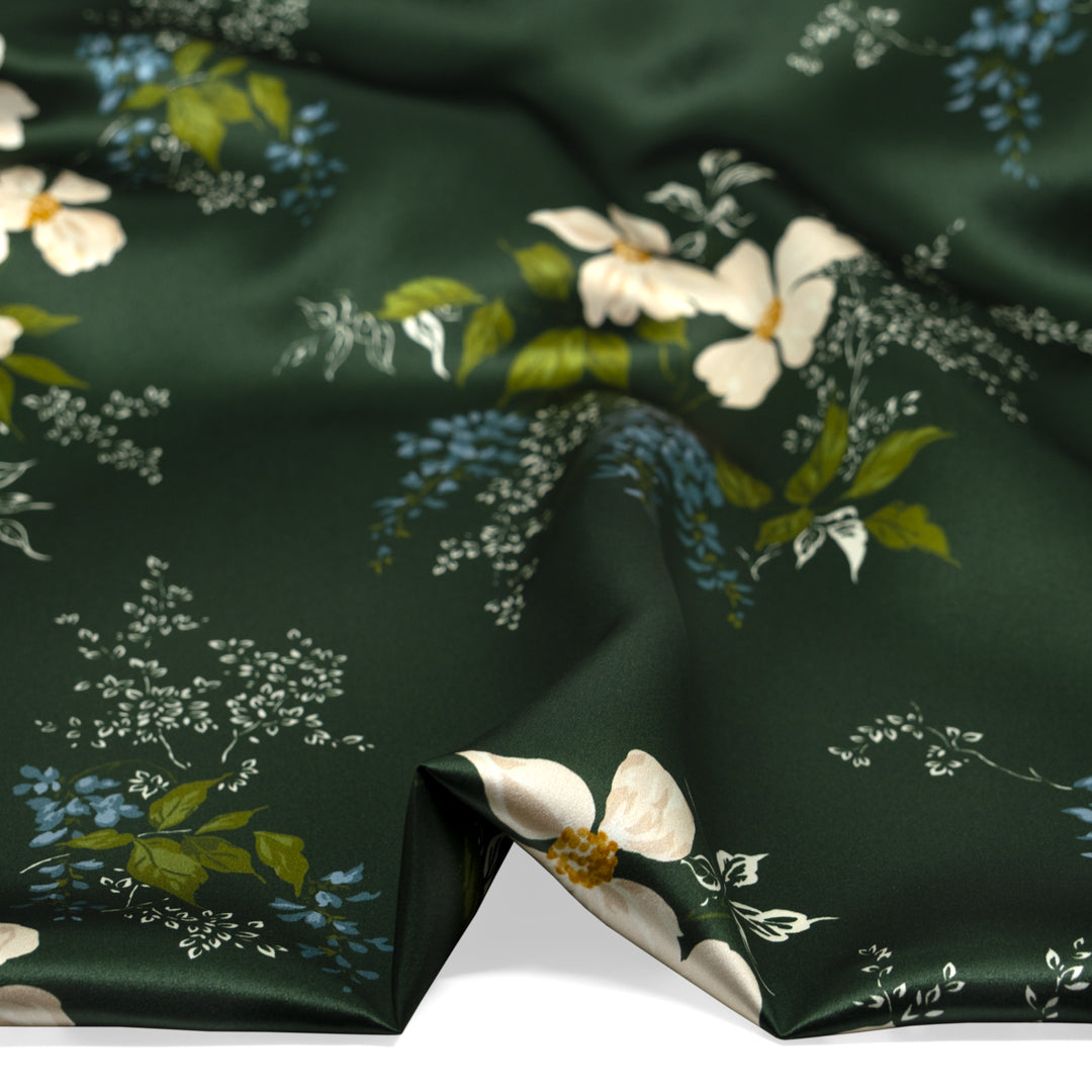 Deadstock Soirée Silk Charmeuse - Forest/Parchment | Blackbird Fabrics