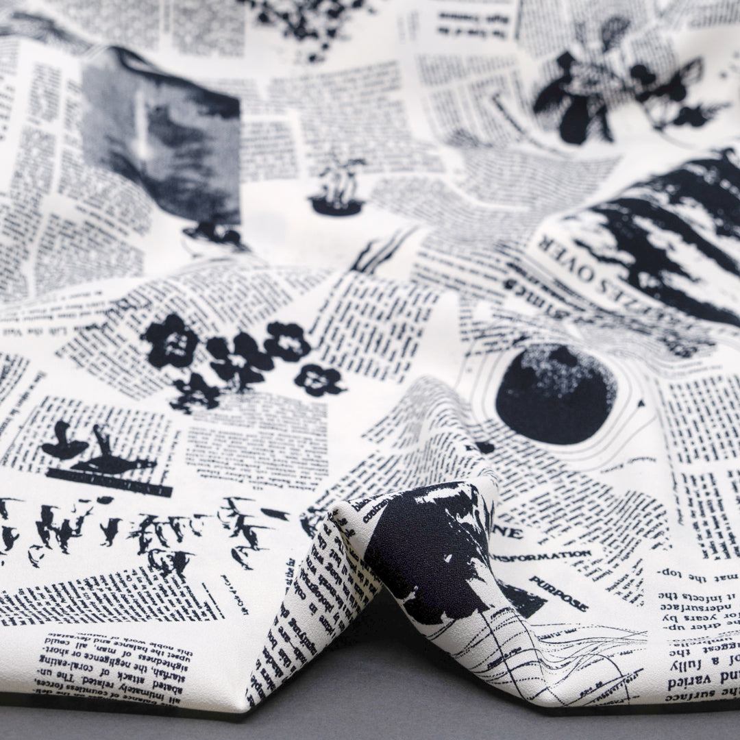 Deadstock Read All About It Viscose Crepe - White/Black | Blackbird Fabrics