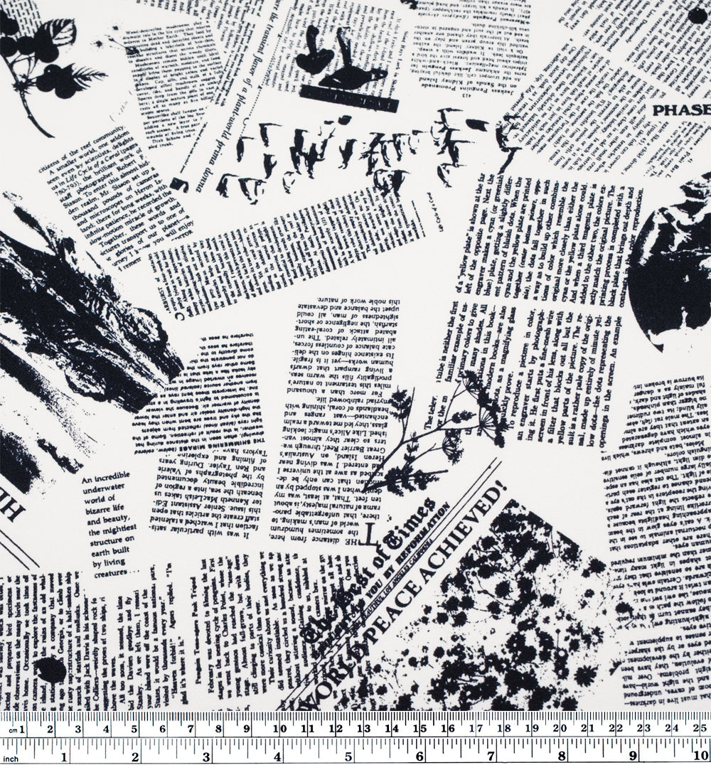 Deadstock Read All About It Viscose Crepe - White/Black | Blackbird Fabrics