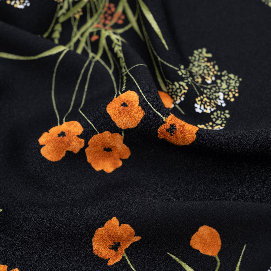 Deadstock Bouquet Ballad Viscose Crepe - Black/Yam | Blackbird Fabrics