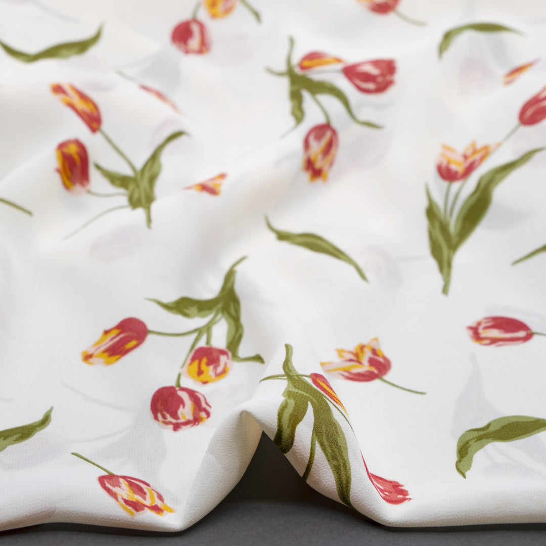 Deadstock Champ De Tulipes Viscose Georgette - Ivory/Cherry Pink | Blackbird Fabrics