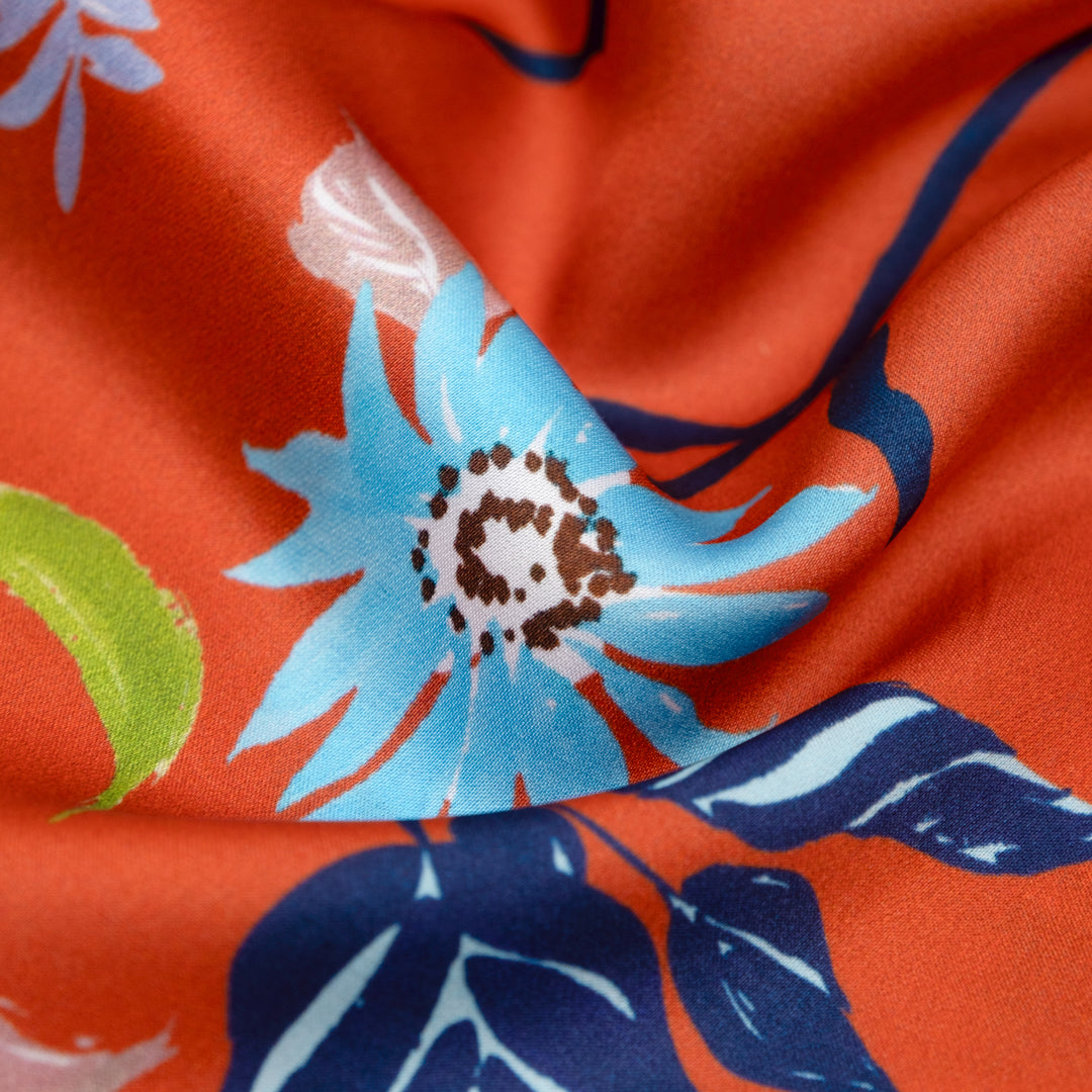 Deadstock Island Breeze Viscose Satin - Blood Orange/Blue Bird | Blackbird Fabrics