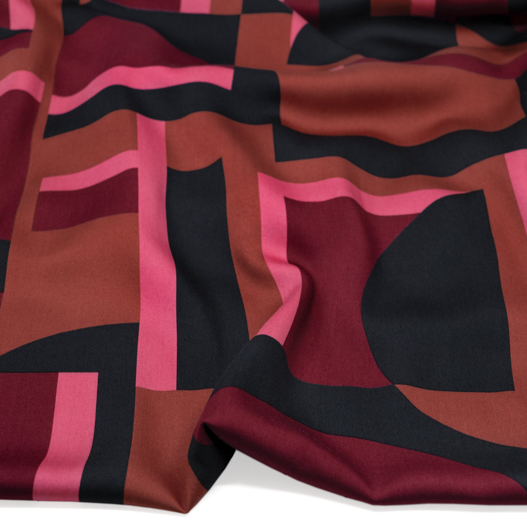 Deadstock Labyrinth Viscose Sateen - Cranberry/Charcoal | Blackbird Fabrics