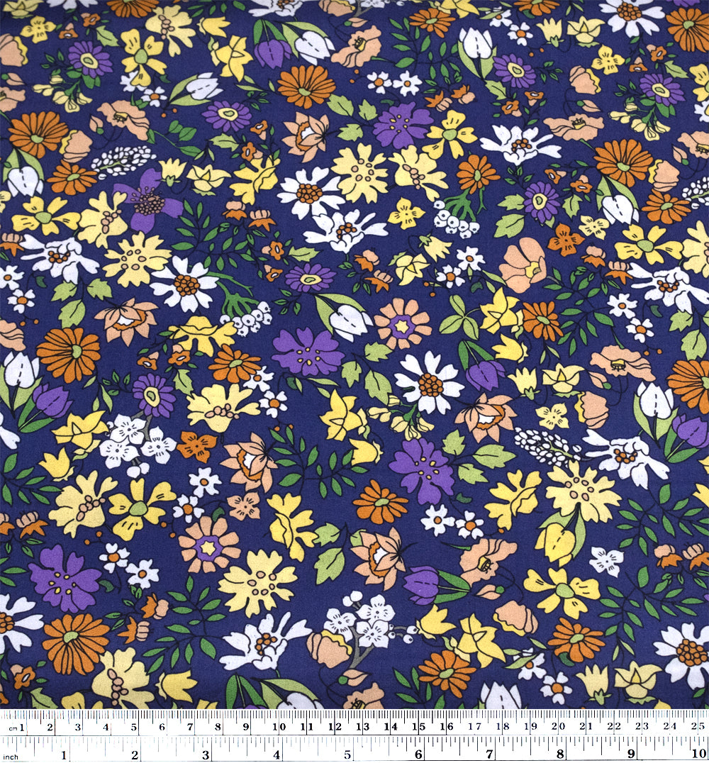 Deadstock Picturebook Petals Cotton Lawn - Navy/Buttercup | Blackbird Fabrics