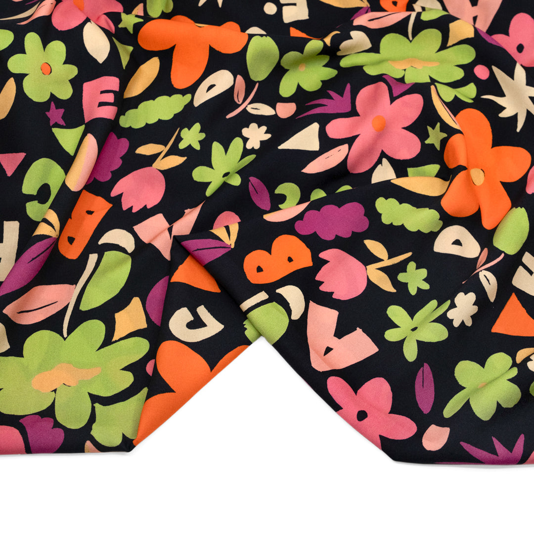 Deadstock Reading Garden Viscose Challis - Black/Orange/Multi | Blackbird Fabrics