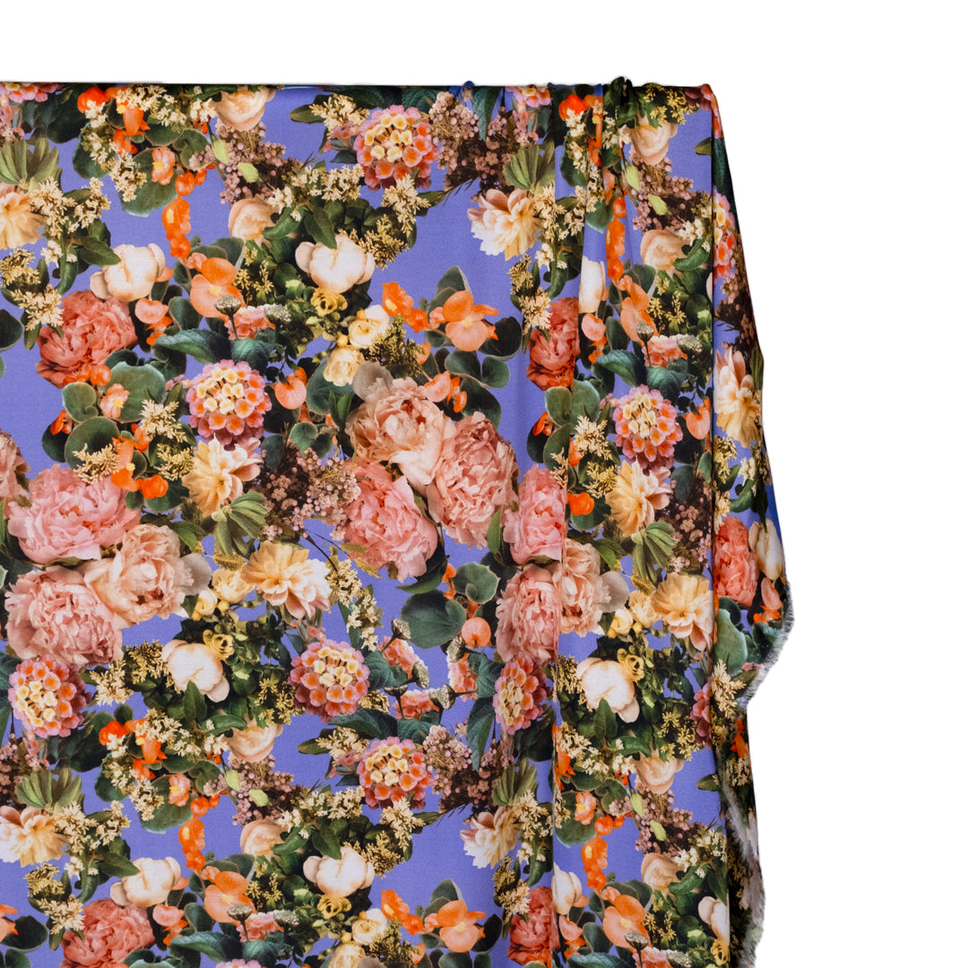 Deadstock Floral Wonderland Viscose Satin - Periwinkle/Rose | Blackbird Fabrics