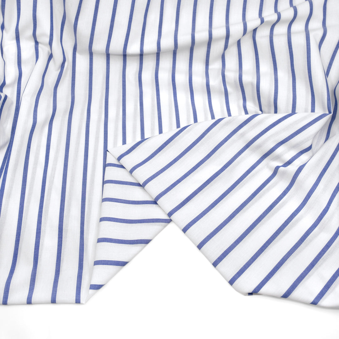 Deadstock Vista Stripe Cotton Shirting - White/Pacific | Blackbird Fabrics
