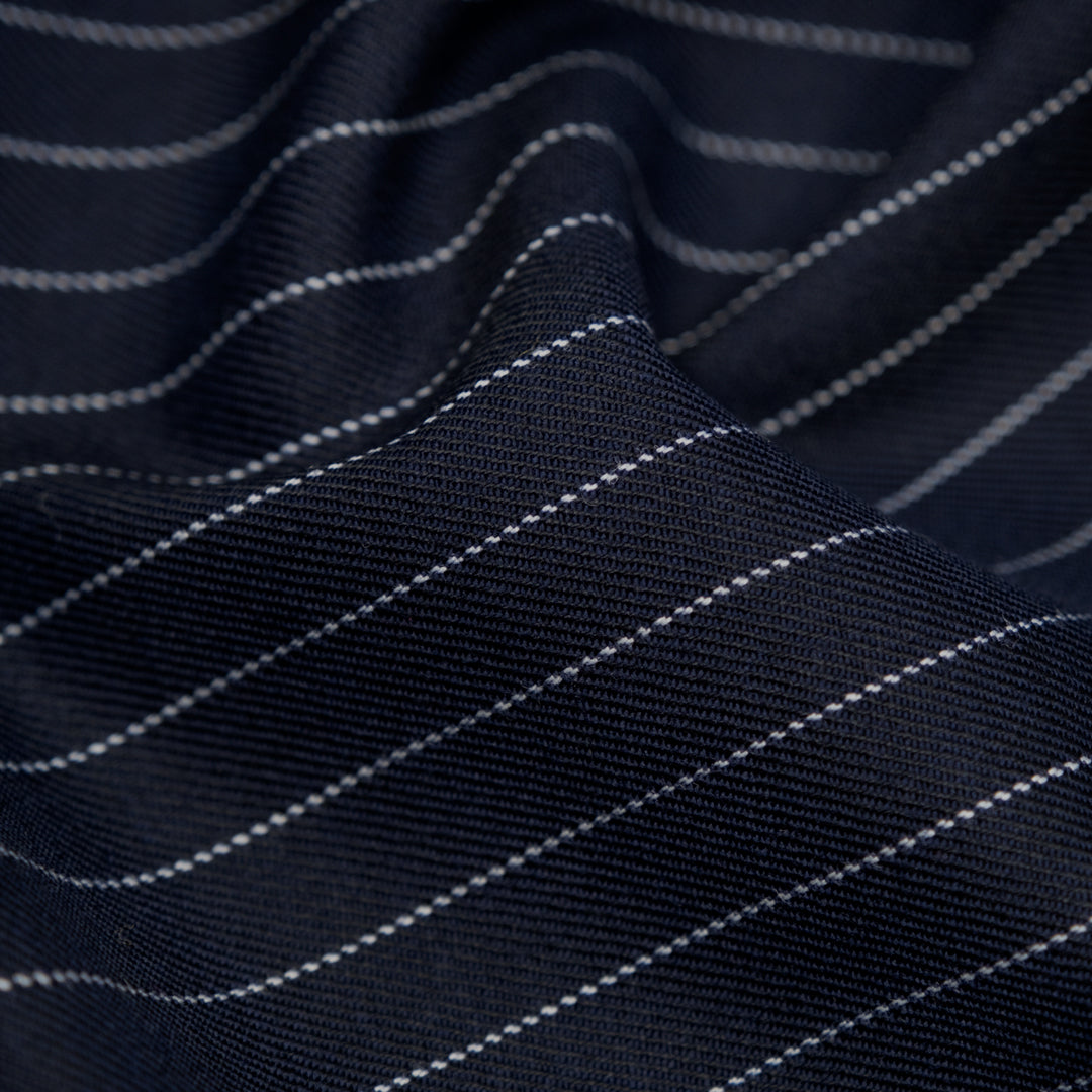 Deadstock Chalk Stripe Wool Poly Stretch Suiting - Midnight Blue/White | Blackbird Fabrics