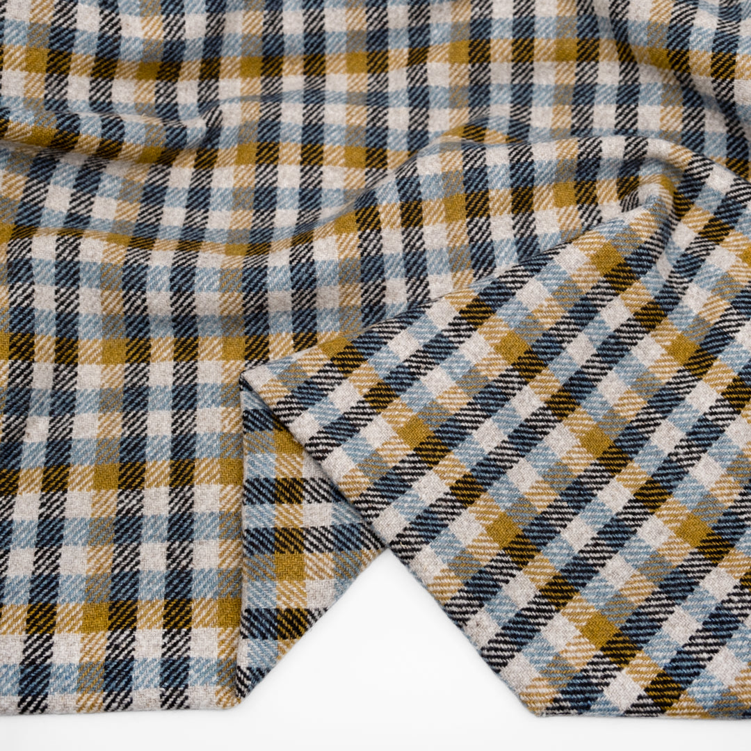 Deadstock Check Wool Blend Twill - Oatmeal/Antique Gold/Bluestone | Blackbird Fabrics