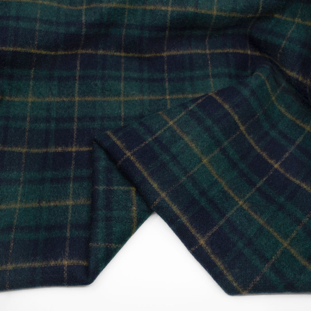 Deadstock Plaid Double Faced Wool Blend Coating - Midnight Blue/Pine | Blackbird Fabrics