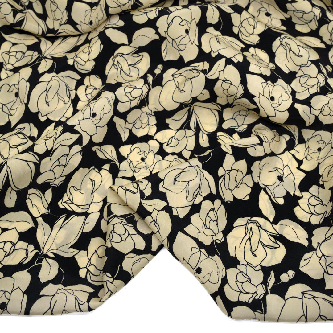 Deadstock Camellia Printed Cupro - Black/Ivory | Blackbird Fabrics