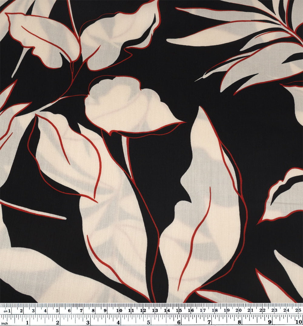Deadstock Moody Palms Viscose Sateen - Black/Ivory/Red | Blackbird Fabrics