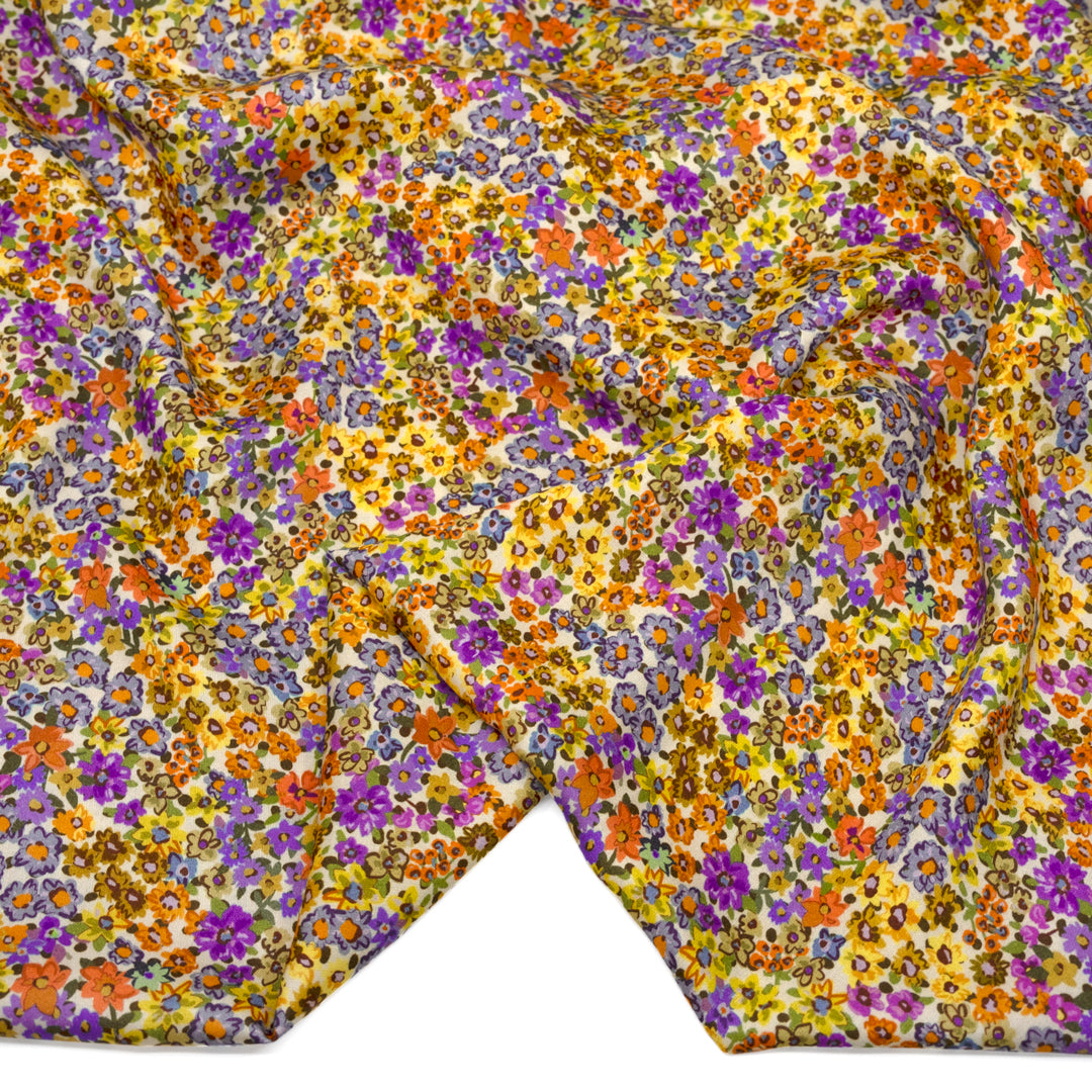 Deadstock Floral Sprinkle Viscose Sateen - Ivory/Yellow/Purple | Blackbird Fabrics