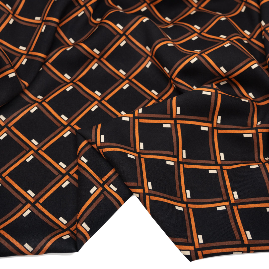 Deadstock Retro Diamonds Viscose Challis - Black/Rust/Cocoa | Blackbird Fabrics