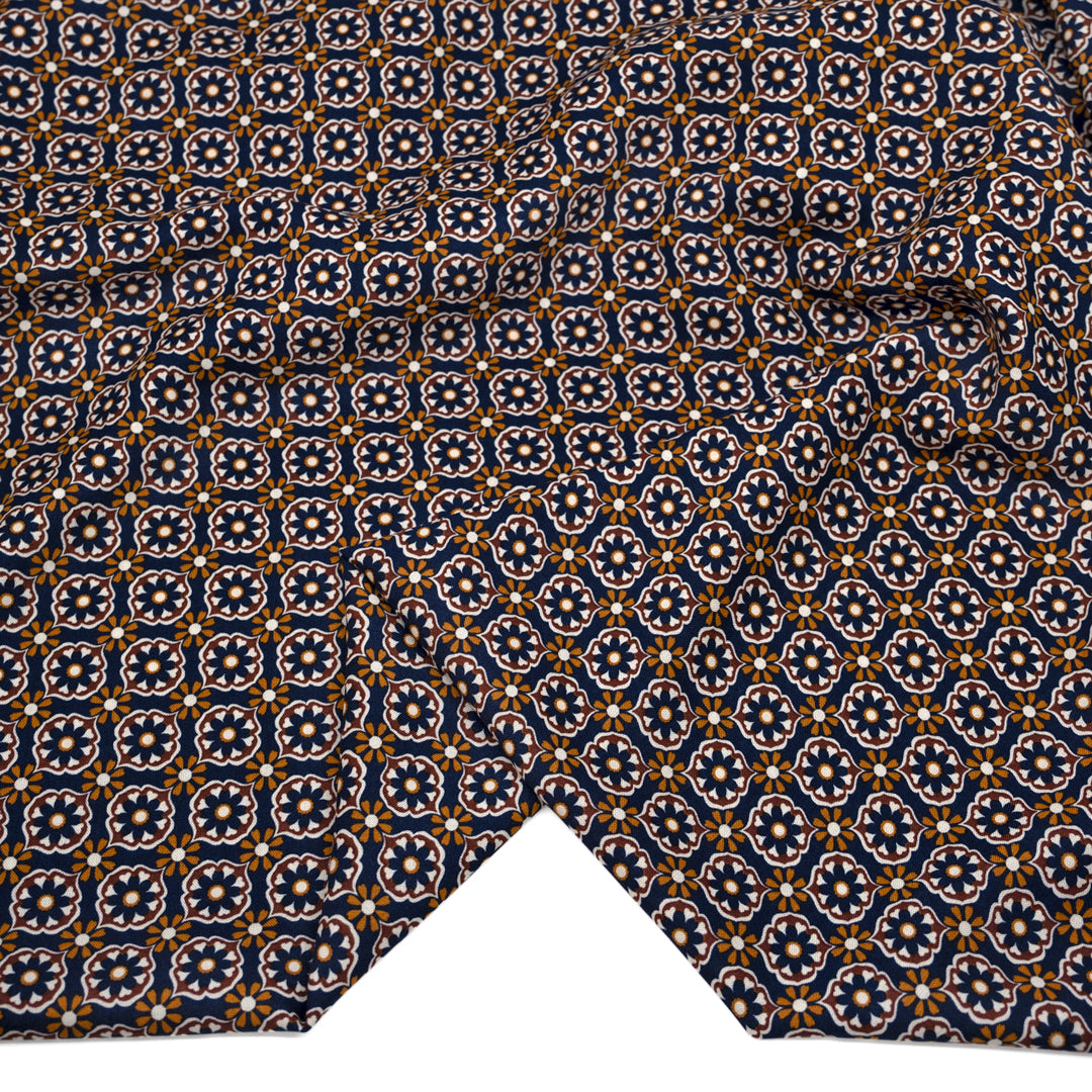 Deadstock Floral Tile Viscose Challis - Navy/Brick/Marigold | Blackbird Fabrics