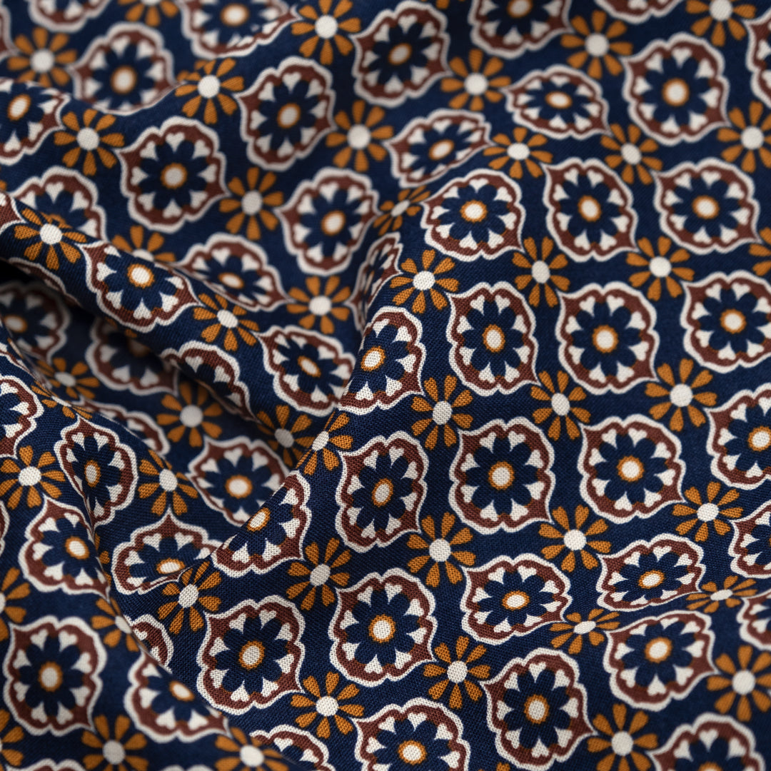 Deadstock Floral Tile Viscose Challis - Navy/Brick/Marigold | Blackbird Fabrics