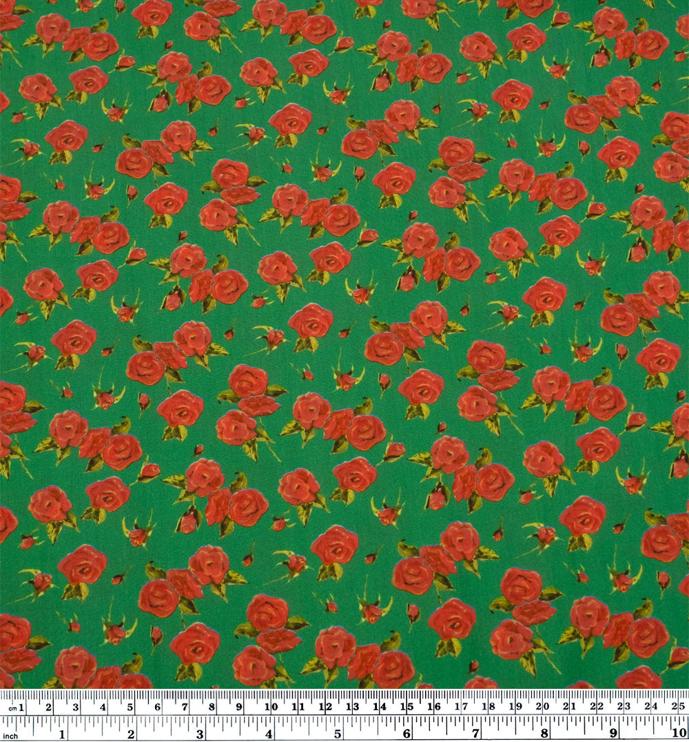 Deadstock Pop Art Roses Viscose Poplin - Grass/Firecracker | Blackbird Fabrics