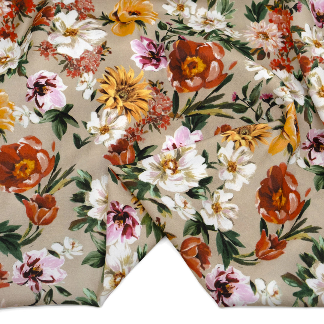 Deadstock Peaceful Petals Printed Viscose - Pebble/White/Multi | Blackbird Fabrics