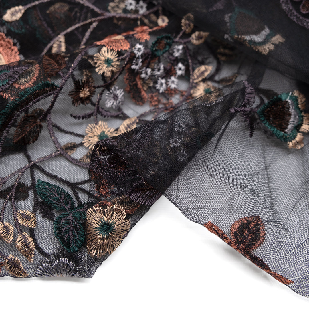 Deadstock Bountiful Branches Border Print Embroidered Tulle - Black/Multi | Blackbird Fabrics