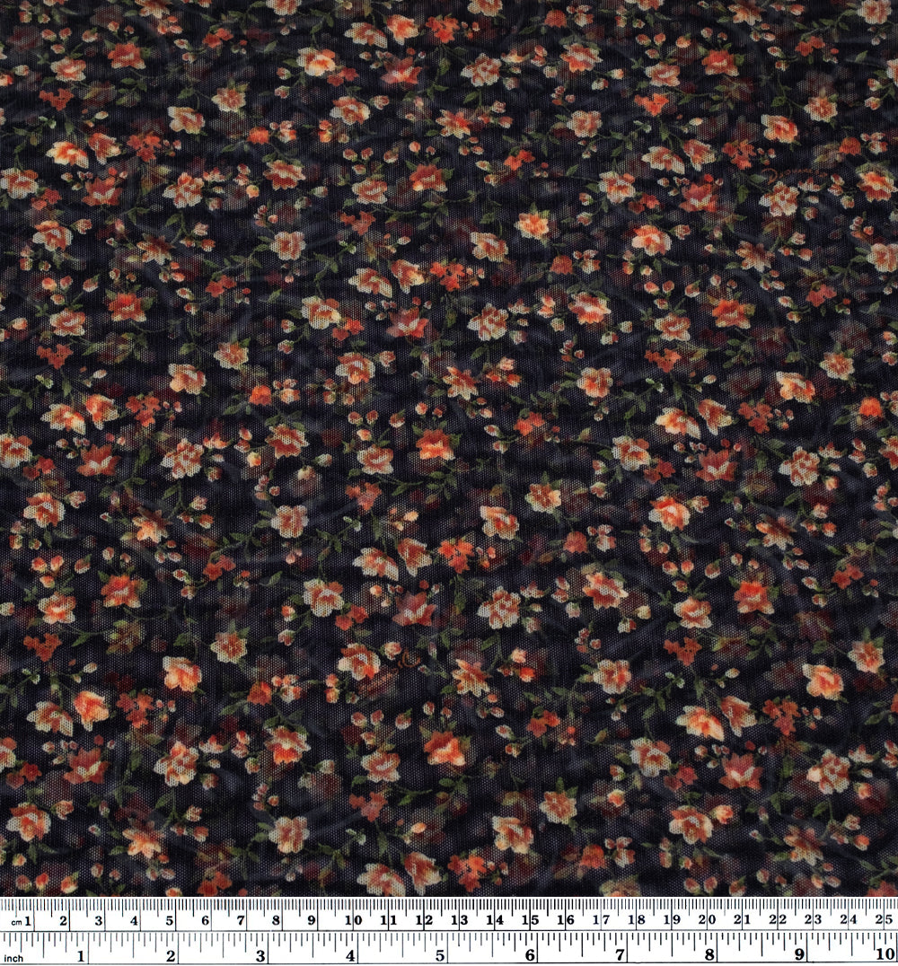 Deadstock Flourishing Buds Printed Mesh - Black/Coral | Blackbird Fabrics