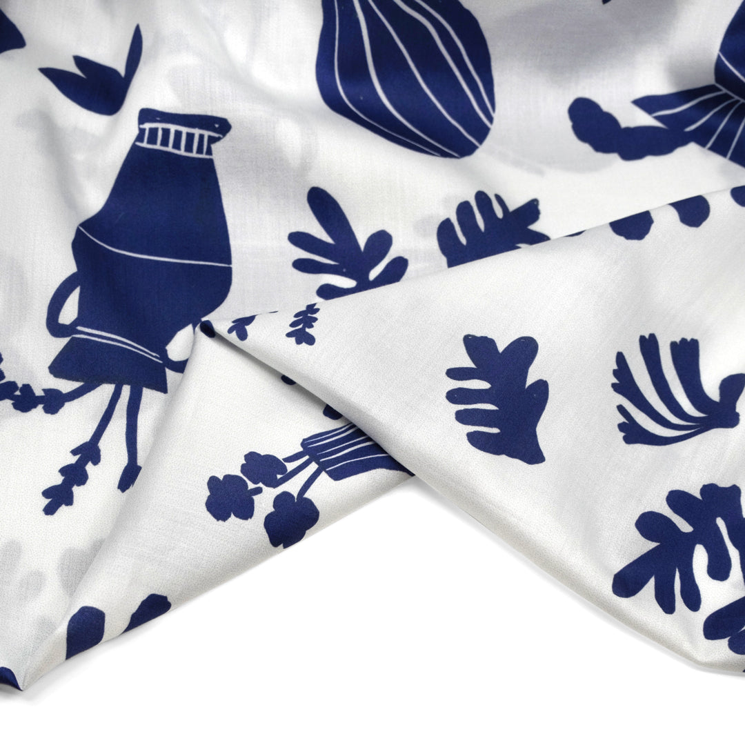 Deadstock Ceramic Collage Lightweight Cotton Sateen - White/Navy | Blackbird Fabrics