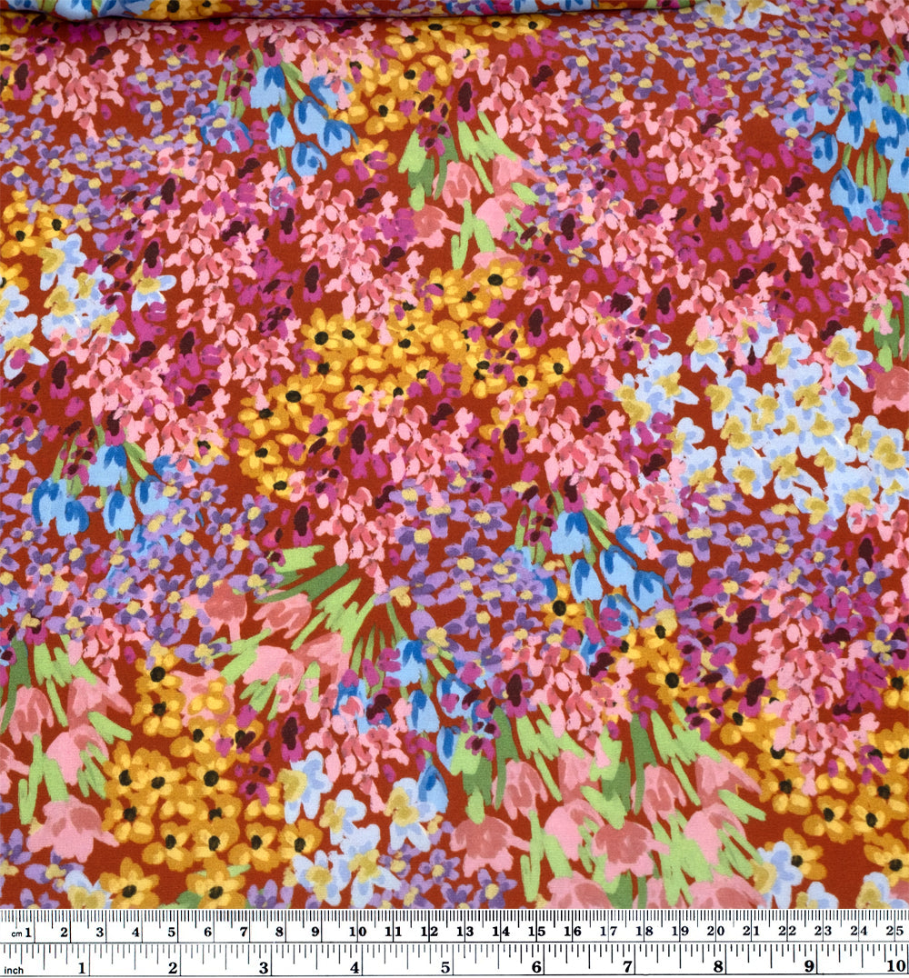 Deadstock Painterly Garden Printed Viscose - Paprika/Multi | Blackbird Fabrics