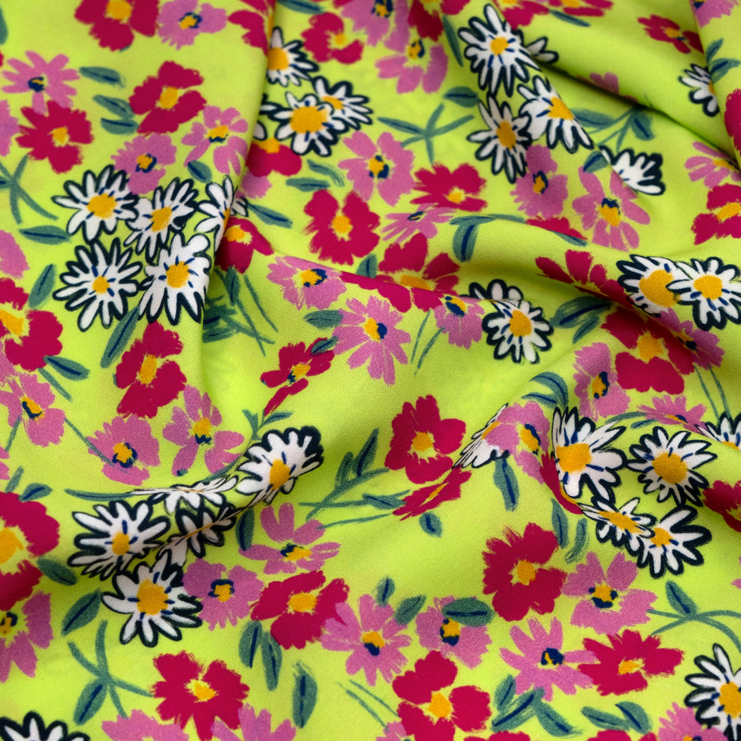 Deadstock Buzzing Blooms Viscose Poplin - Lime Zest/Multi | Blackbird Fabrics
