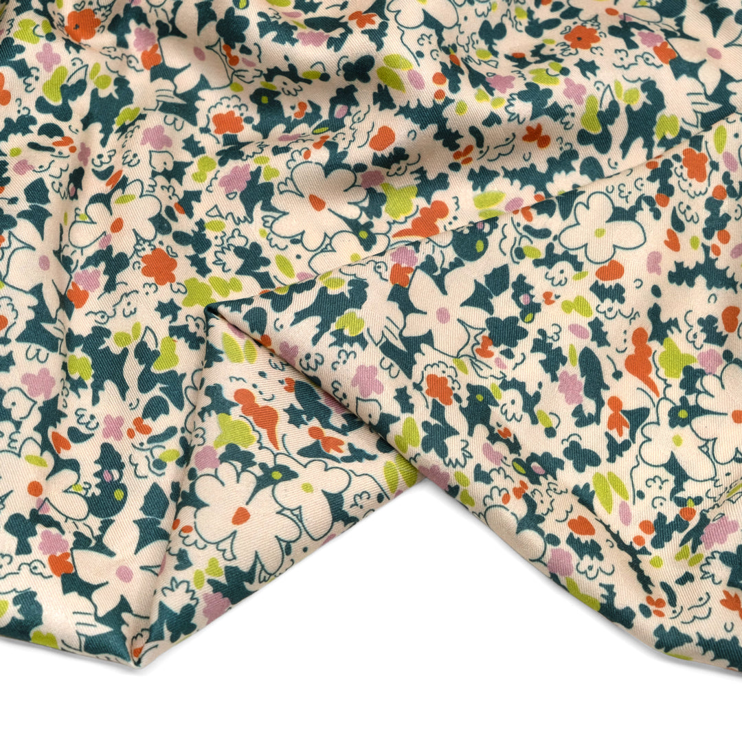 Deadstock Bloomin' Doodles Spotted Viscose Twill - Ecru/Spruce/Multi | Blackbird Fabrics