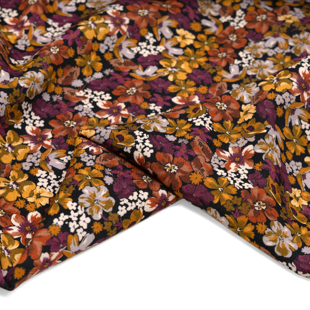 Deadstock Woodland Flora Viscose Crepe - Black/Sangria/Ochre | Blackbird Fabrics