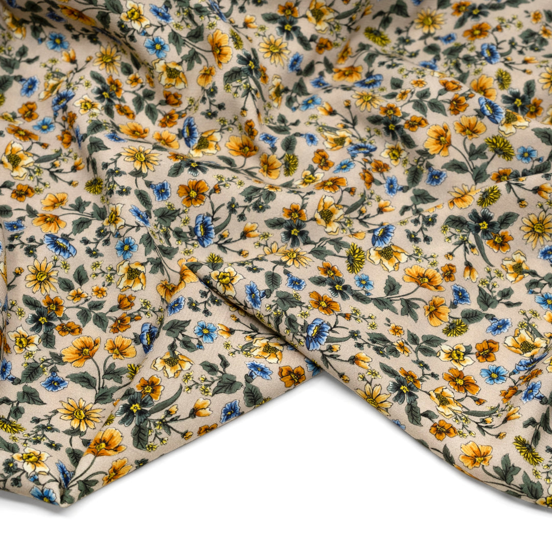 Deadstock Dancing Wildflowers Viscose Crepe - Pebble/Golden/Multi | Blackbird Fabrics