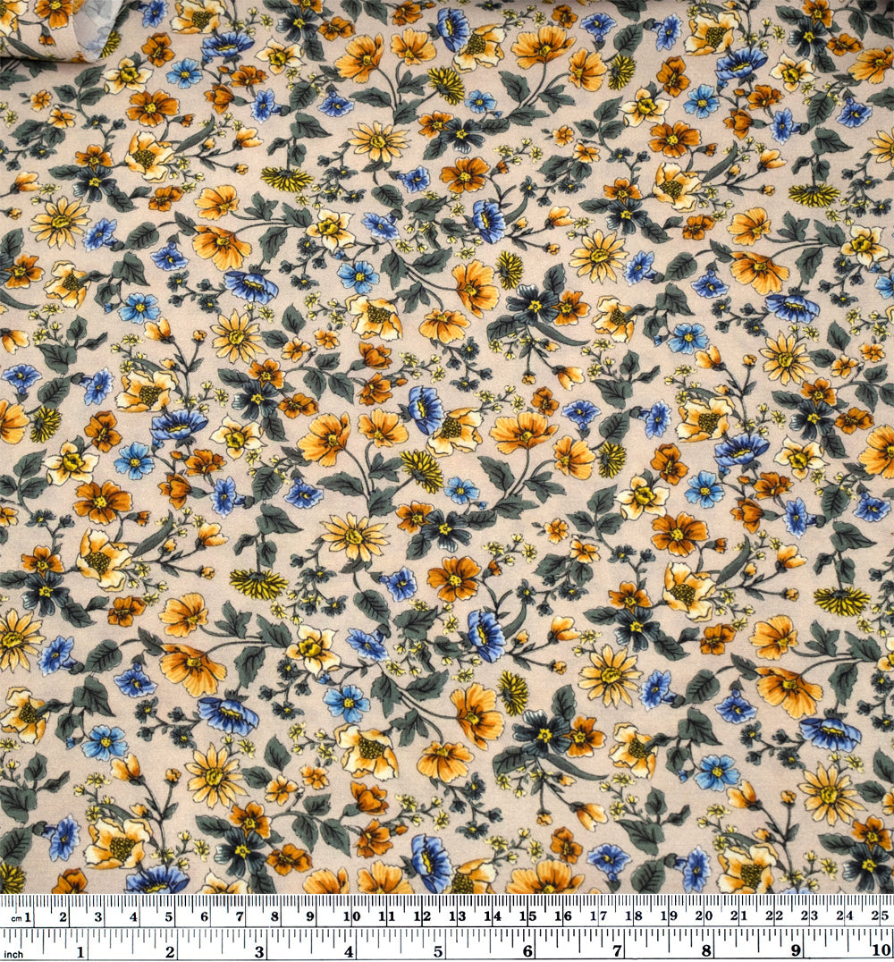 Deadstock Dancing Wildflowers Viscose Crepe - Pebble/Golden/Multi | Blackbird Fabrics