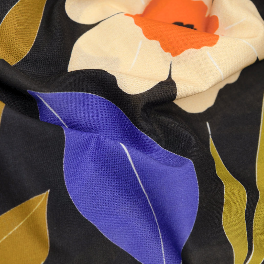 Midnight Nectar Cotton Voile - Black/Citron/Azure | Blackbird Fabrics
