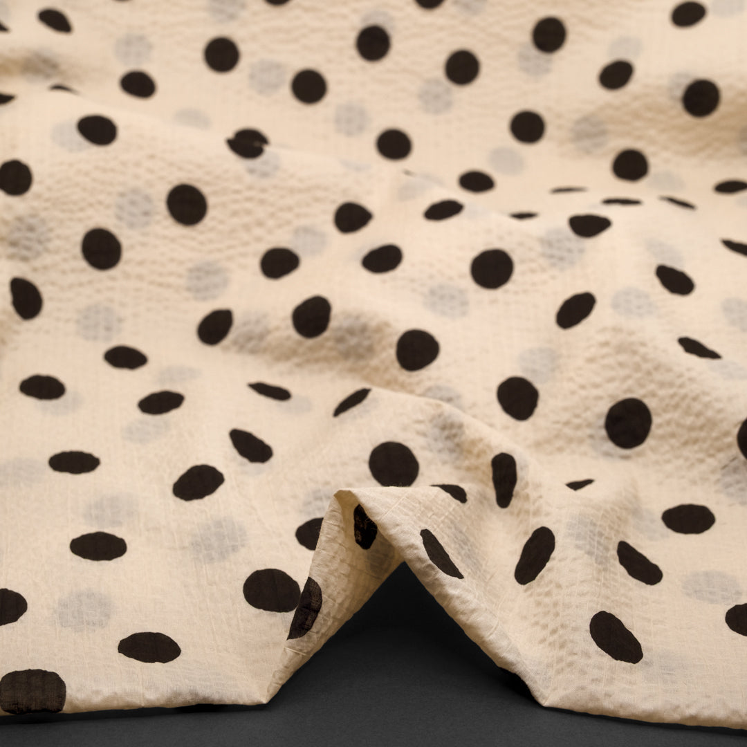 Deadstock Polka Dot Crinkle Cotton - Parchment/Black | Blackbird Fabrics