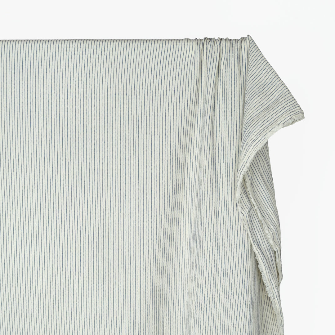 Pinstripe Organic Cotton Double Gauze - Limestone/Sapphire | Blackbird Fabrics