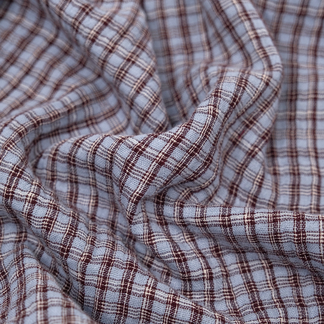 Grunge Check Organic Cotton Double Gauze - Ice Blue/Boysenberry | Blackbird Fabrics