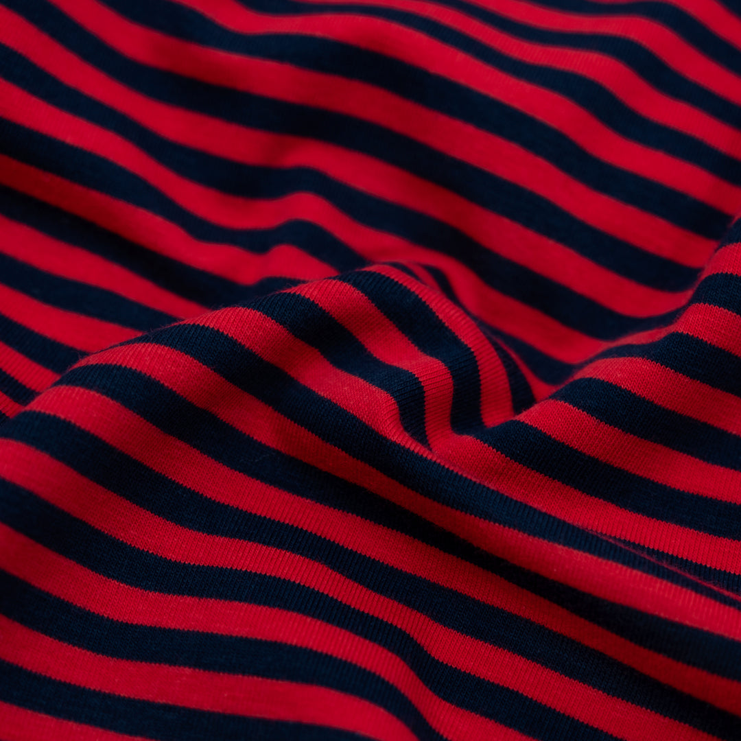 Skinny Sport Stripe Cotton Jersey - Cherry/Midnight Blue | Blackbird Fabrics