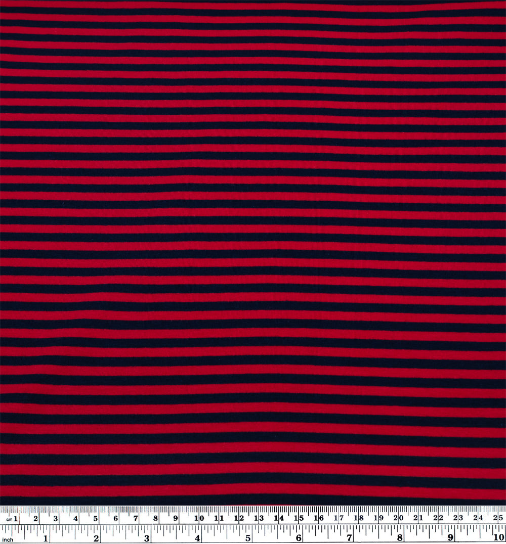 Skinny Sport Stripe Cotton Jersey - Cherry/Midnight Blue | Blackbird Fabrics