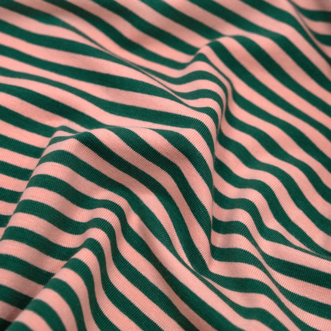 Skinny Sport Stripe Cotton Jersey - Peach/Pine | Blackbird Fabrics