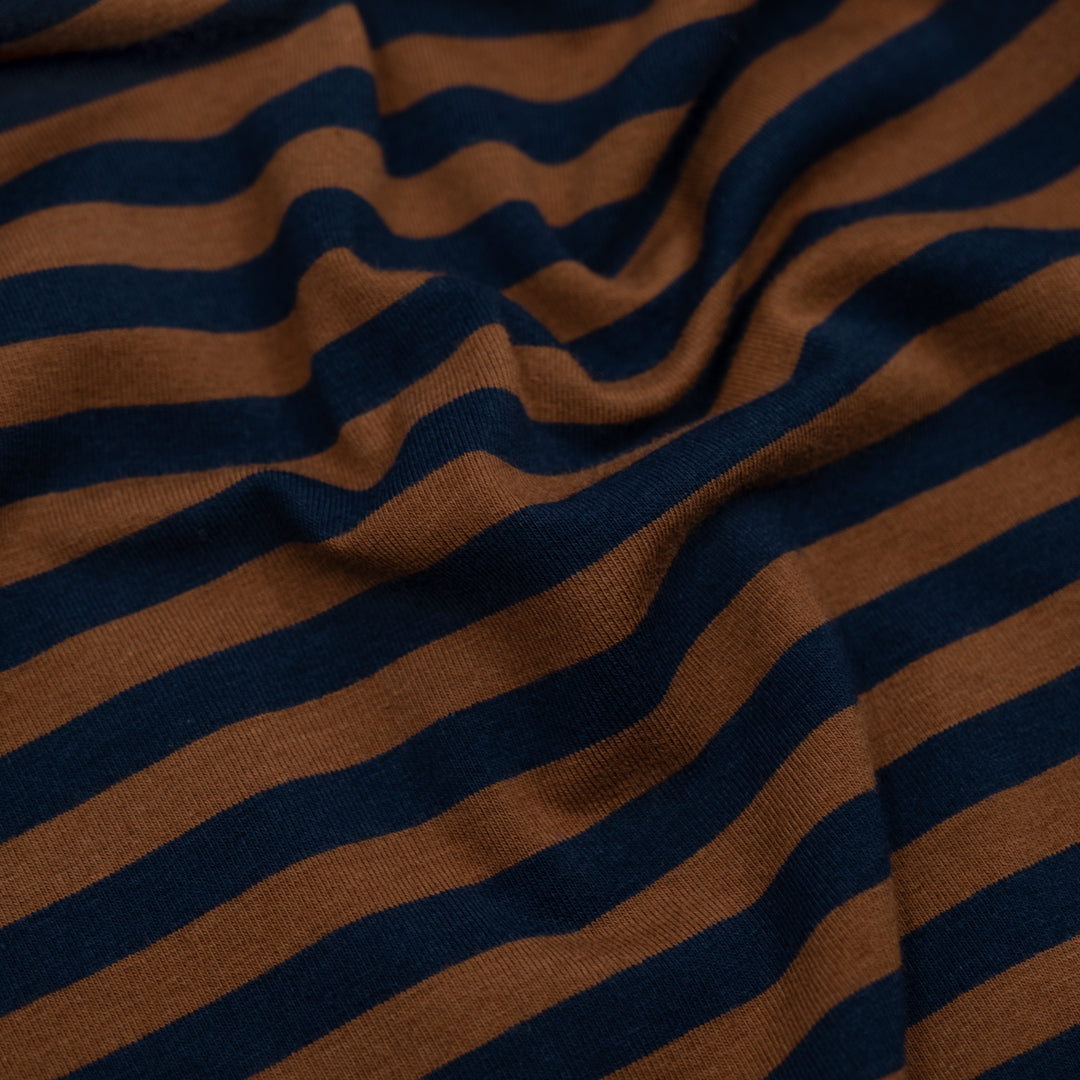 Sport Stripe Cotton Jersey - Nutshell/Midnight Blue | Blackbird Fabrics