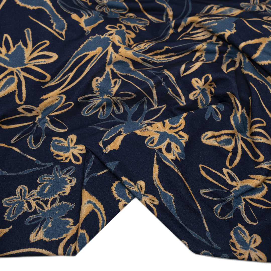 Overgrowth LENZING™ ECOVERO™ Jersey - Navy/Apricot | Blackbird Fabrics