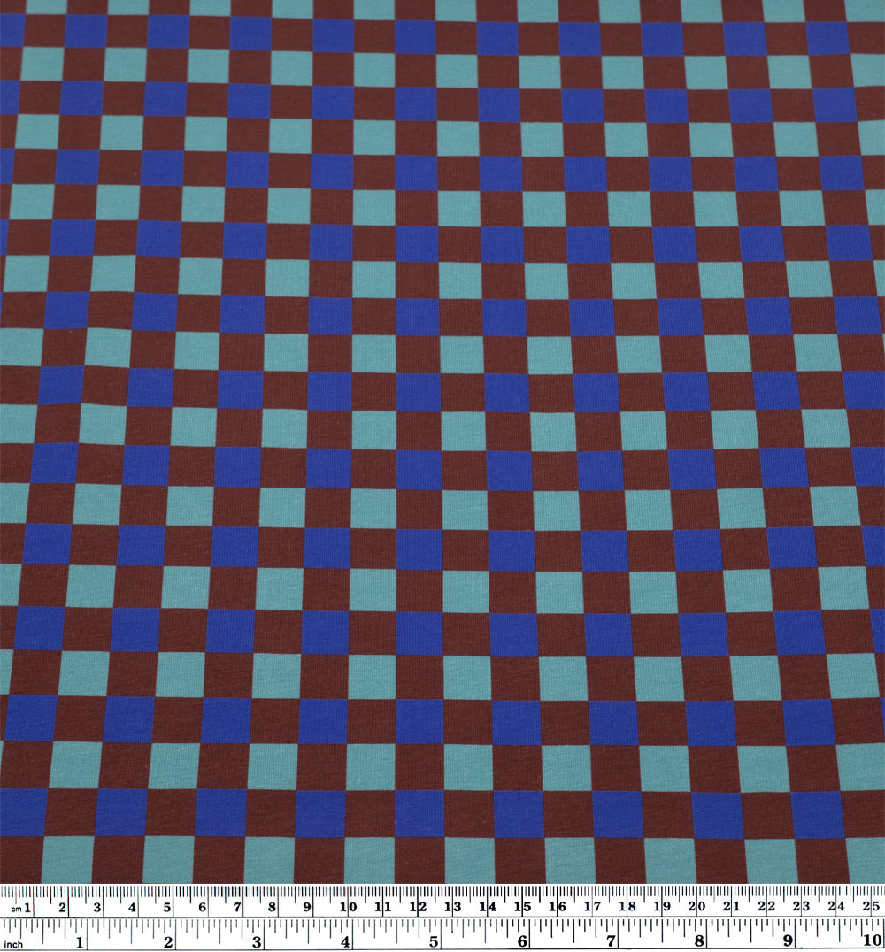 Disco Check Organic Cotton Jersey - Maroon/Lapis | Blackbird Fabrics